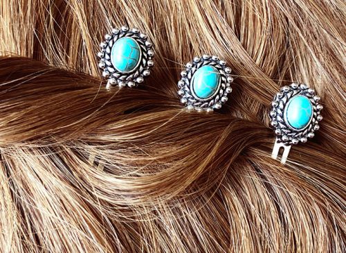 Turquoise and Silver Beads on Hair Pins