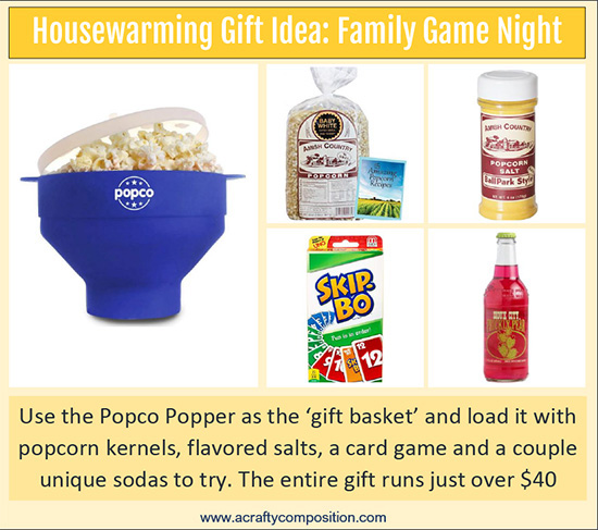 A Housewarming gift Popcorn soda and skipbo 