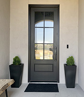 front door with potted plants on each side