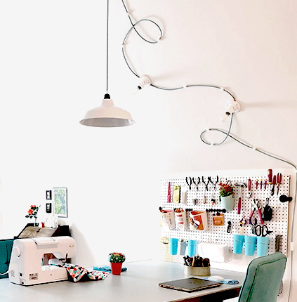 Wall and Ceiling light fixtures hanging over work table