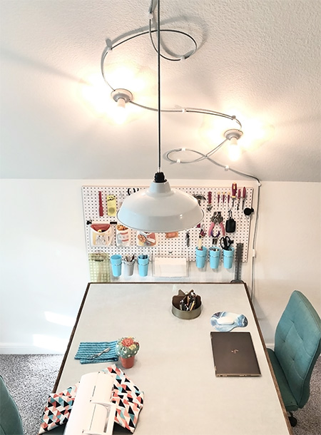 DIY Wall and Ceiling lighting over desk with computer and sewing machine
