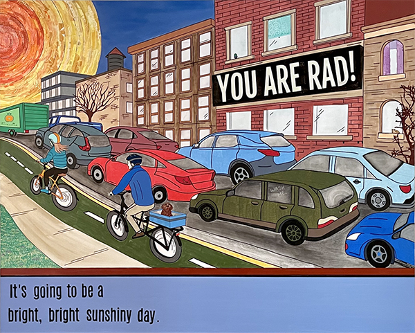 painting of cars, buildings, and bike riders